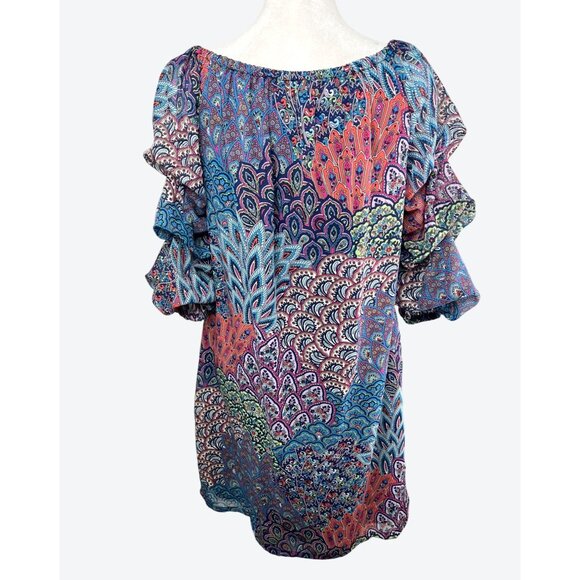 MSK Petite Womens Vibrant Multicolored Paisley Tunic Dress 3/4 Ruched Sleeves PM - Picture 2 of 14